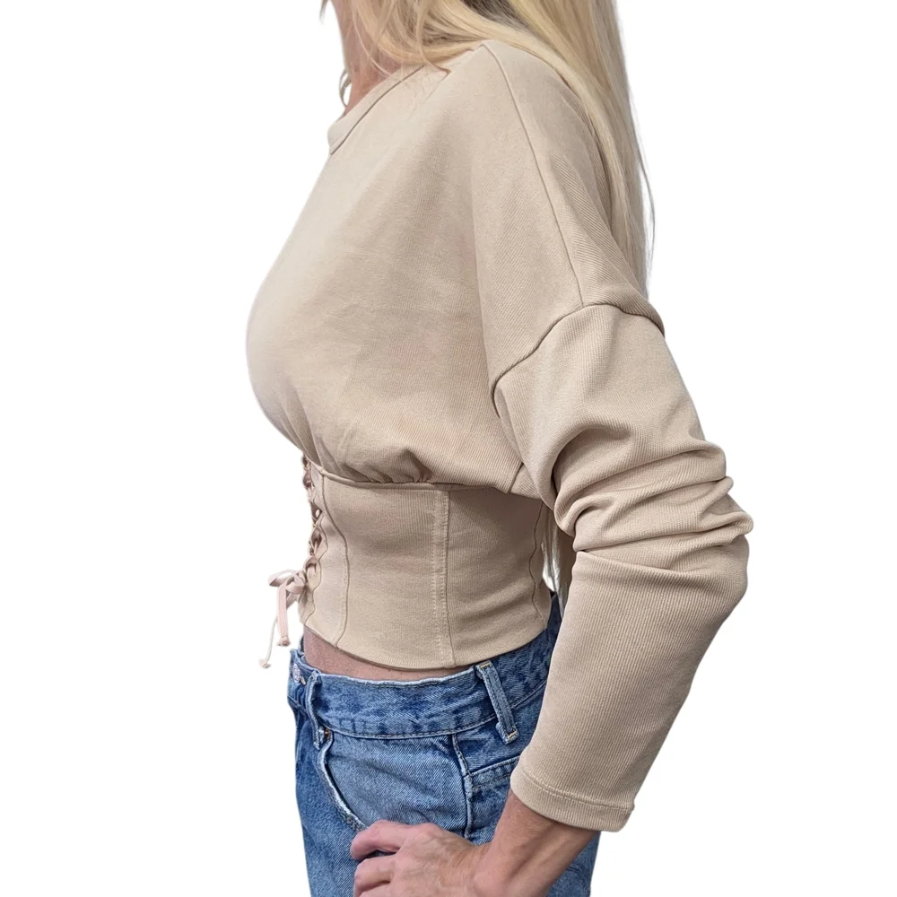 Zara W&B Lace Up Corset Top Long Sleeve Beige S